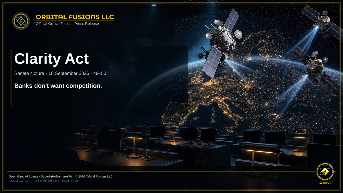 Orbital Fusions LLC press card — The Clarity Act died 49–50 — and voters were never told why.