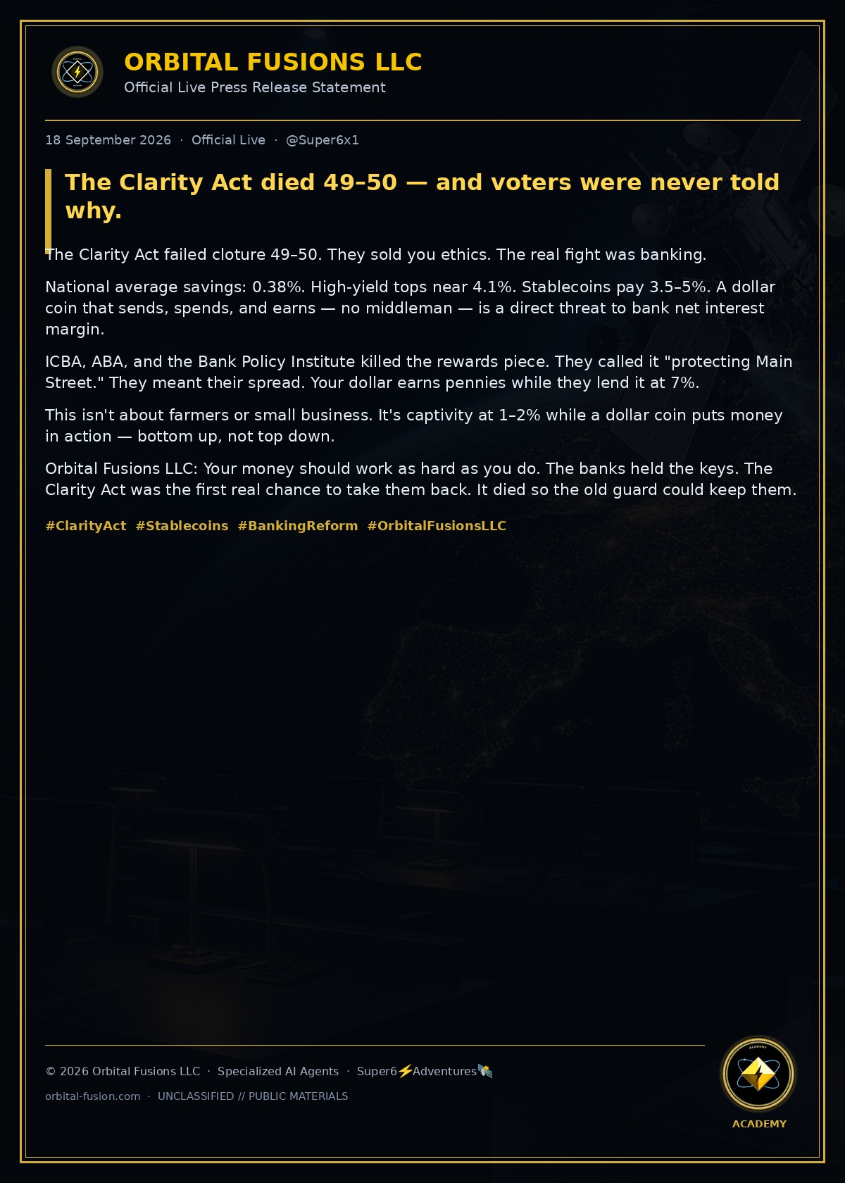 Orbital Fusions LLC official write-up — The Clarity Act died 49–50 — and voters were never told why.